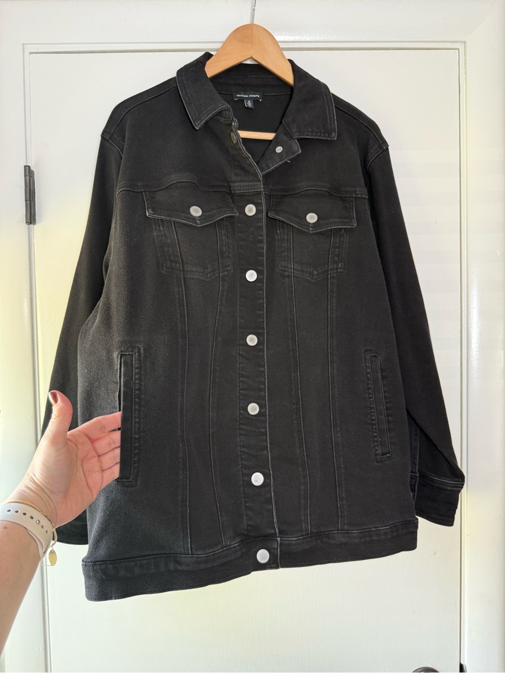 Universal Standard Black Denim Chore Jacket Minimalist Chic Longline Snap Sides - Picture 4 of 12